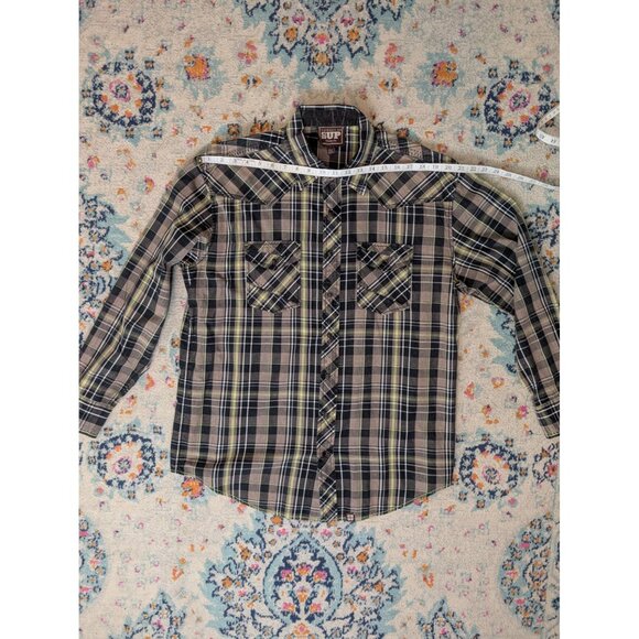 Cowboy Up Classic Fit Black White and Green Plaid Pearl Snap - L - Picture 6 of 10